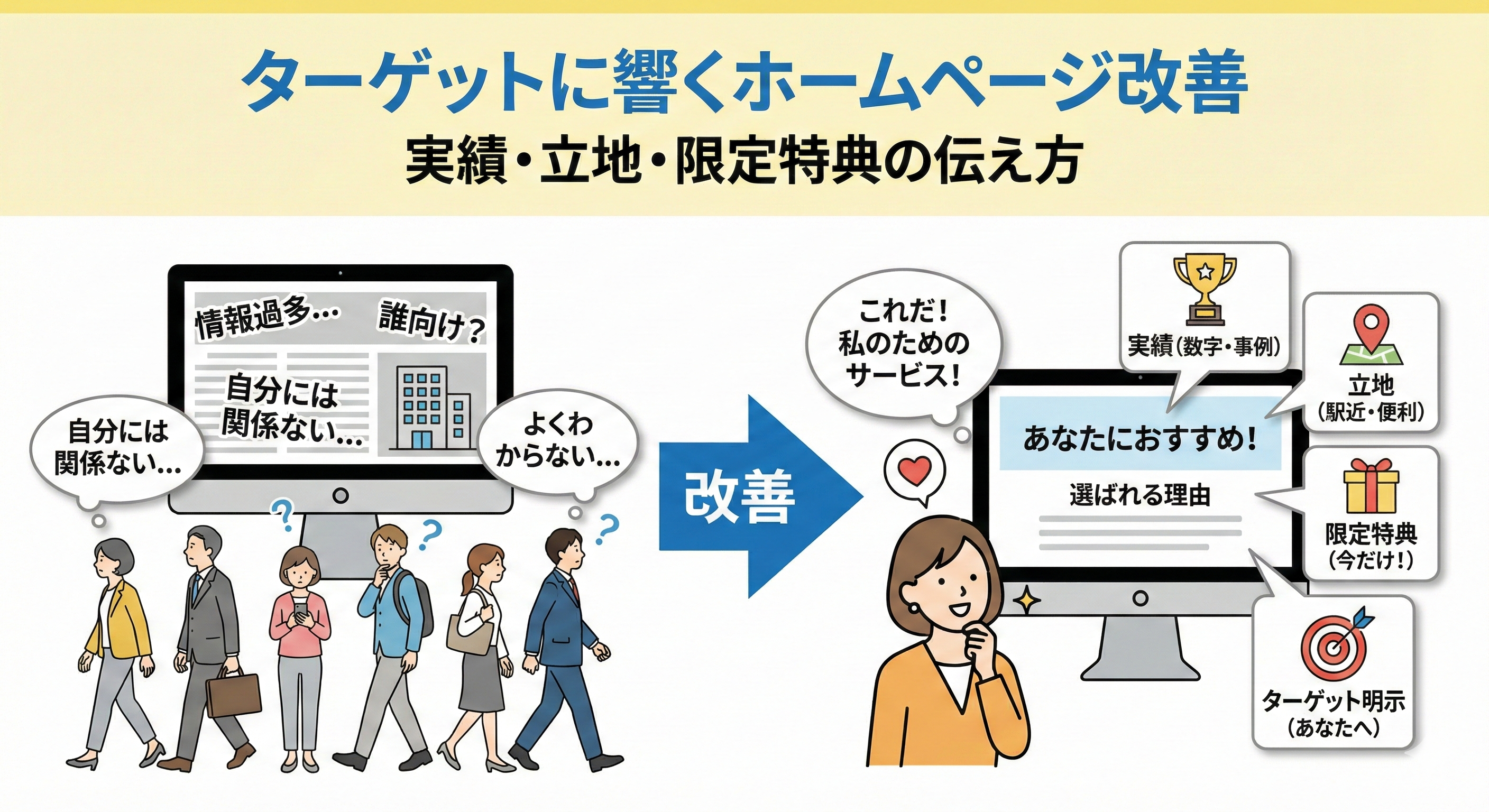 ターゲットに響くホームページ改善｜限定特典・実績・好立地アピール