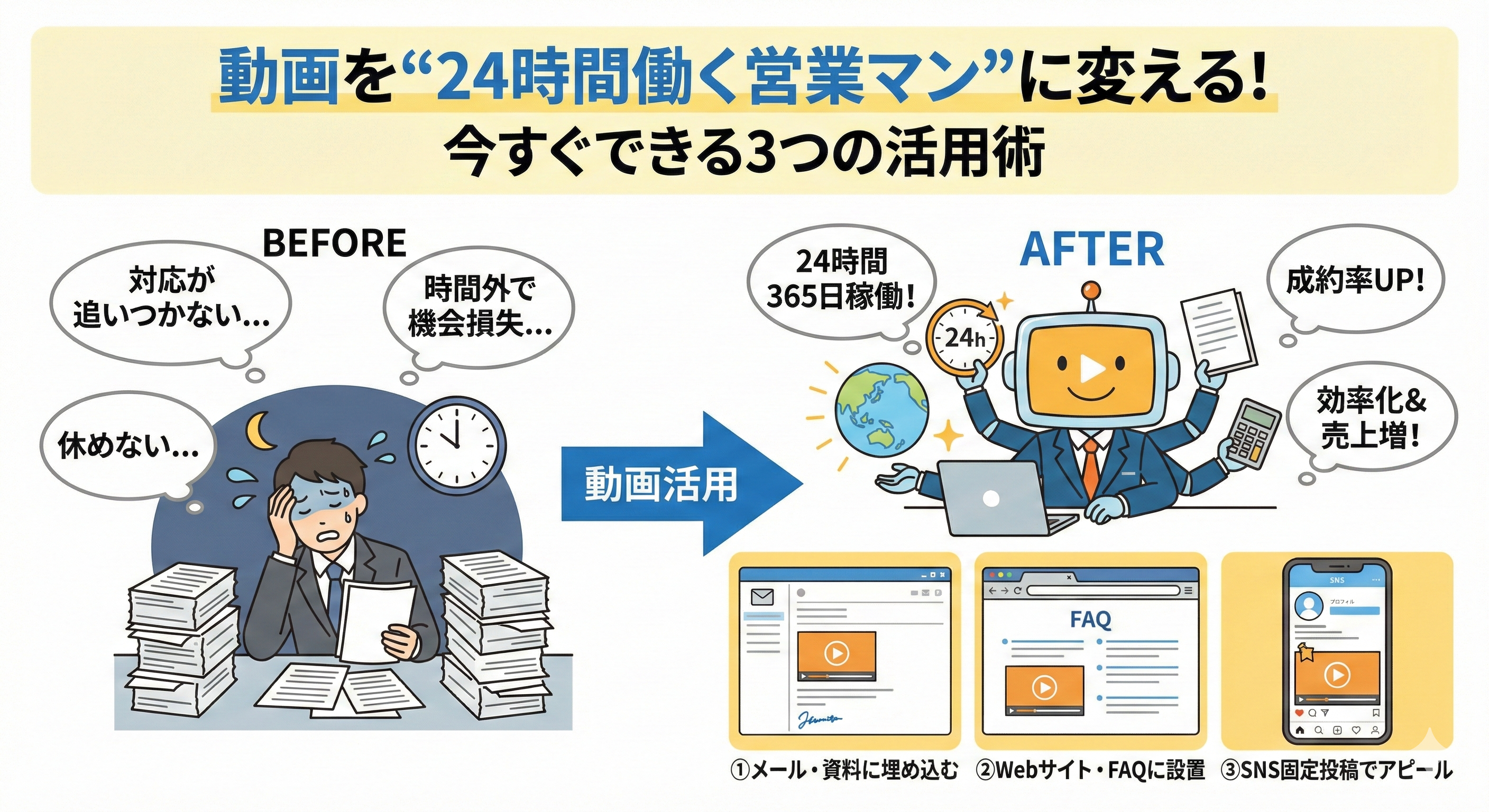 動画を24時間働く営業マンに変える活用術｜メール・FAQ・SNS活用法